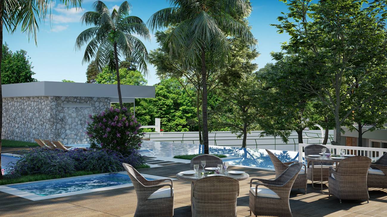 Piscina com deck e mesas de convivência