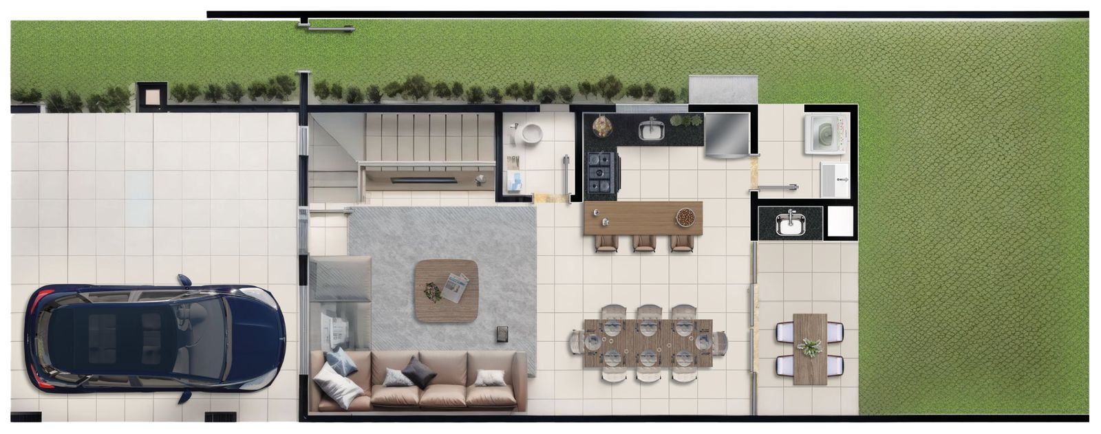 Planta humanizada do térreo: garagem, sala de estar, lavabo, cozinha com ilha, jantar, área de serviço, espaço gourmet e quintal